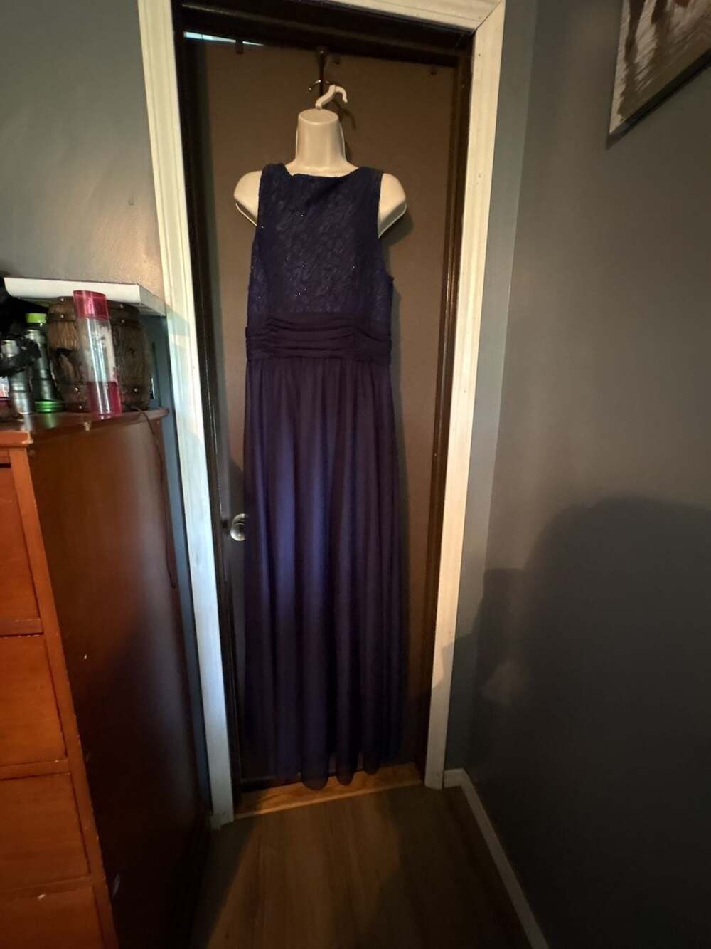 J.H. Collectibles Evenings Navy Blue Sequin Lace Bodice Chiffon Gown Size 16